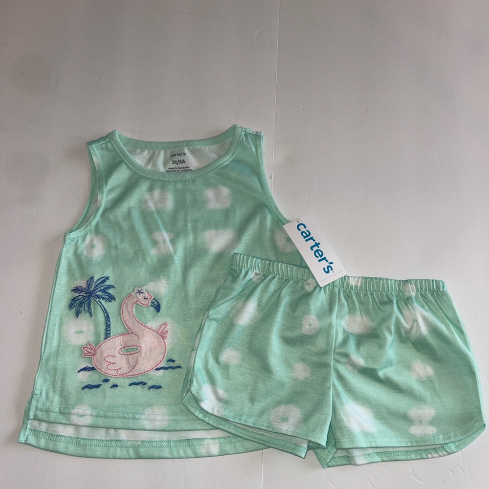 Carter's Girls 3T Mint Green Flamingo Tank and Shorts Pajama Set NWTS PJS